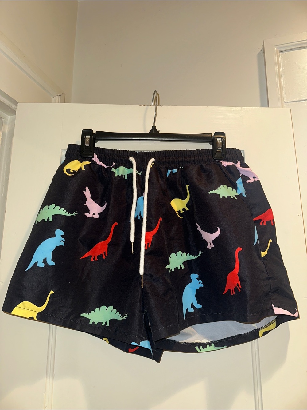 SHEIN Navy Swim Shorts with Multicolor Dinosaur Print